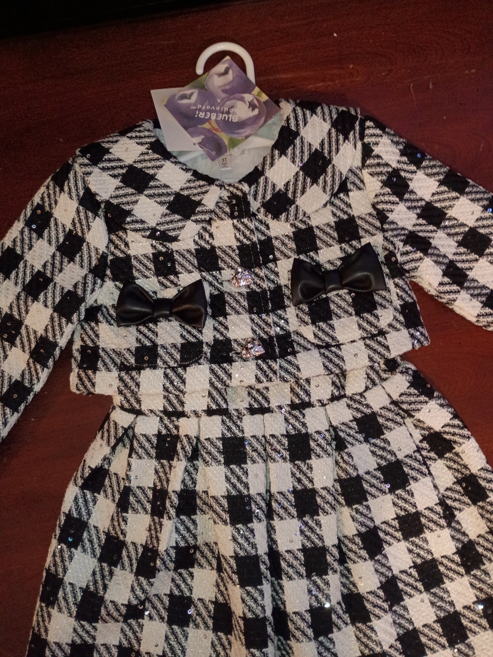Blueberi Boulevard Black and White Plaid Girls Matching Set with Bows